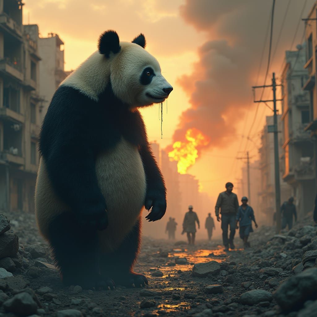 Majestic Panda Surveys War-Torn Cityscape in Gritty Photorea...