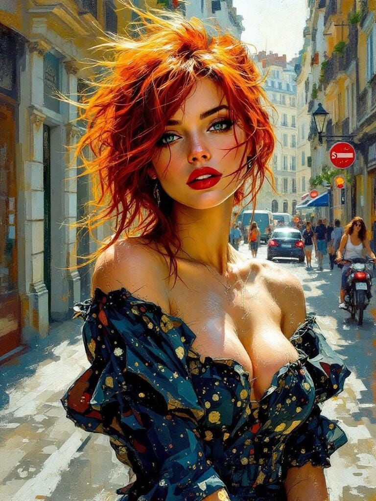 Redhead in Paris: Encaustic Impressionist Urban Scene