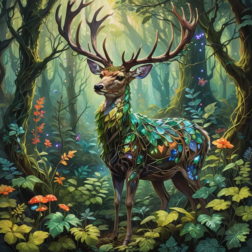 Majestic Deer-Plant Hybrid in Lush Forest Painting