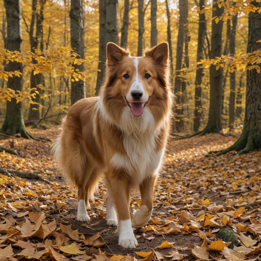 Golden Collie in Autumn Woods: Vibrant Oil Painting