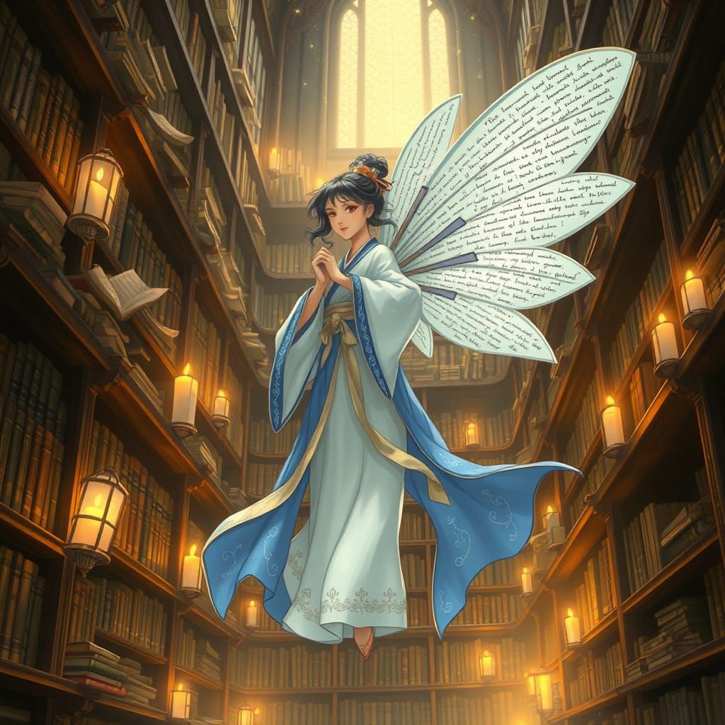 Scholarly Fairy in Candlelit Library, Ghibli Style