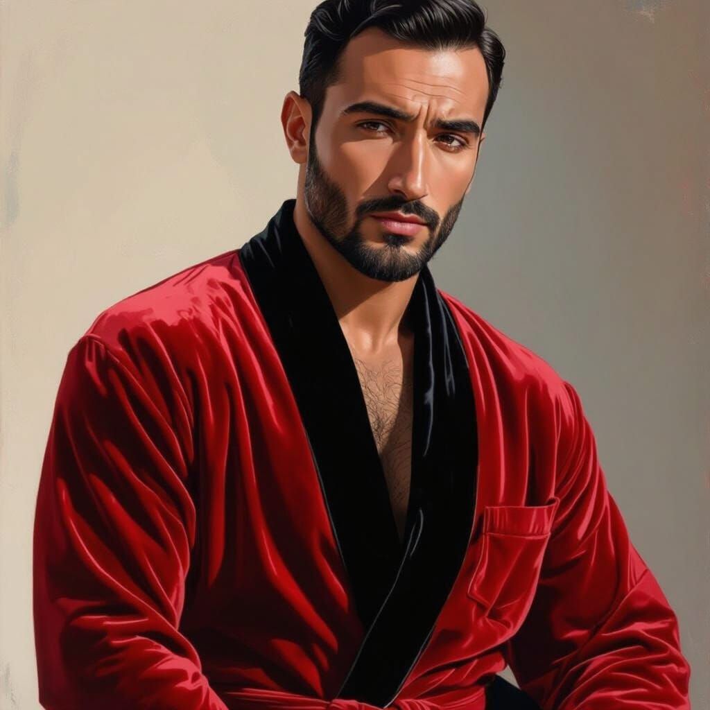 Handsome Man in Red Robe on Beach at Night