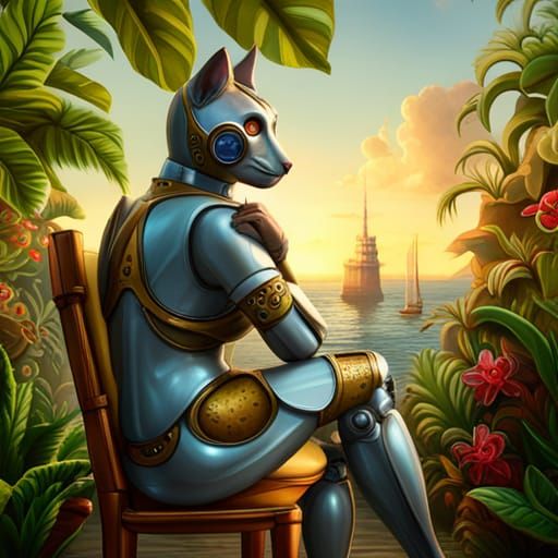 Gorgeous Robot Cat Near Steampunk Aquarium