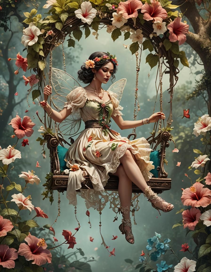 Summer Fairy on Floral Swing: Digital Matte Painting
