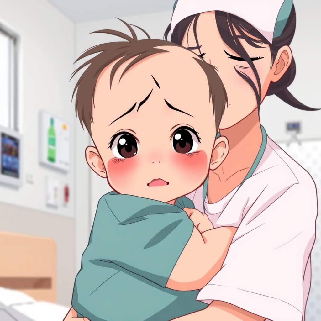 Anime Illustration: Child Resists Nurse in Hospital