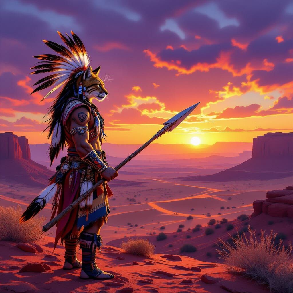 Tabaxi Warrior on Windswept Mesa at Sunset