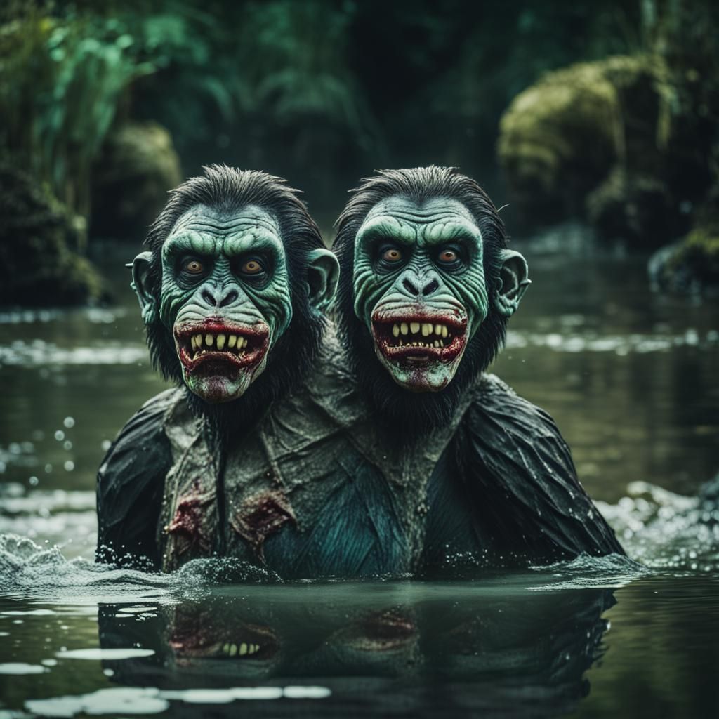 Zombie Monkey Monster Clowns Fighting in Water