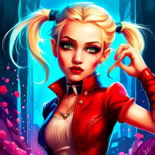 Chibi Harley Quinn Splash Art in Oil Gouache