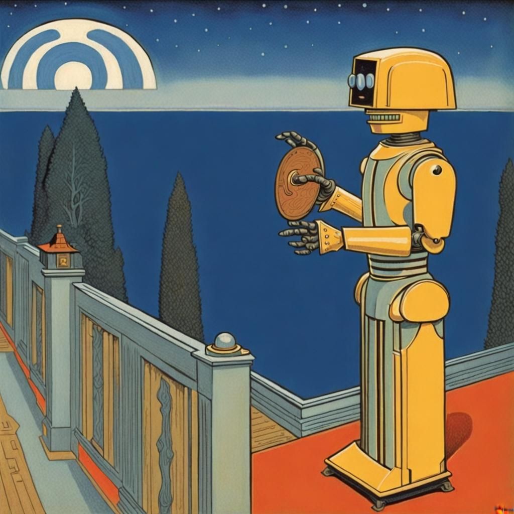 Robot Butler Roaring: Surrealist Fantasy Art