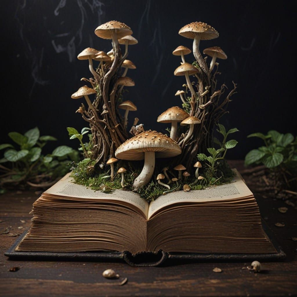 Fantastical Wonderland Book Cover with Mushroom Figures in D...