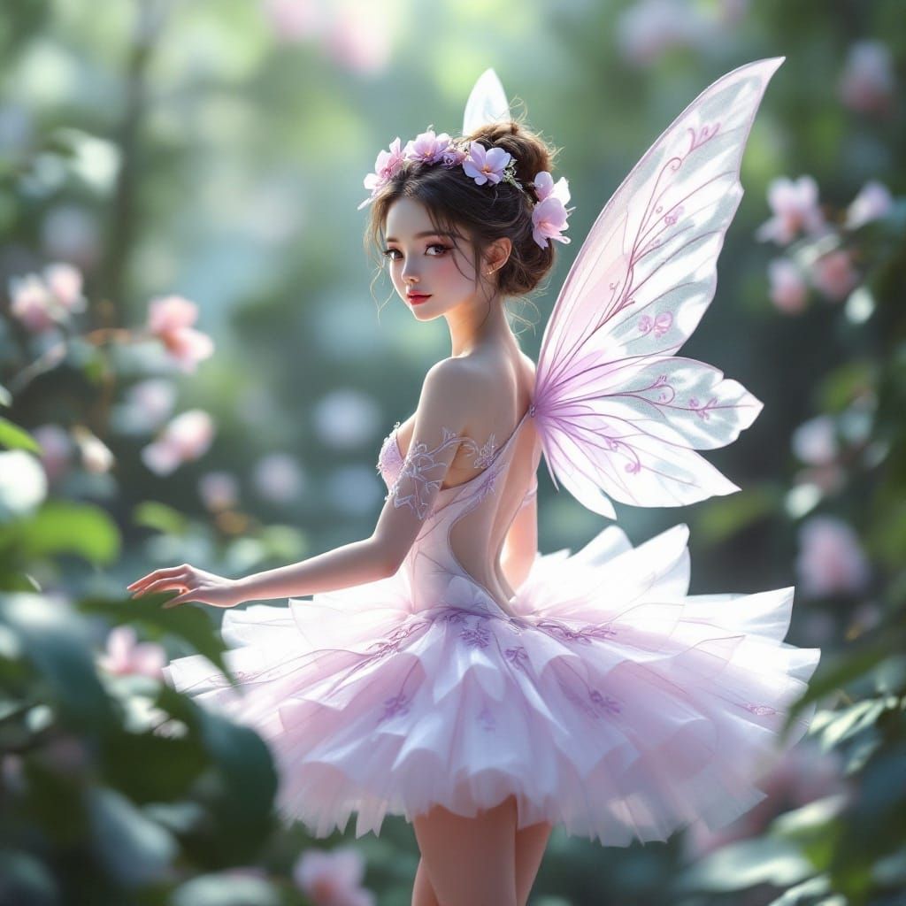 Ethereal Ballerina Fairy Amidst Orchid Blooms in Whimsical 3...