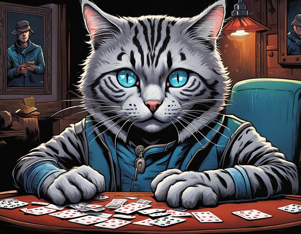 Grey tabby cat, playing poker