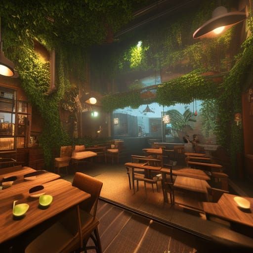 Cozy Jungle Coffee Shop in 3D Cinematic Style