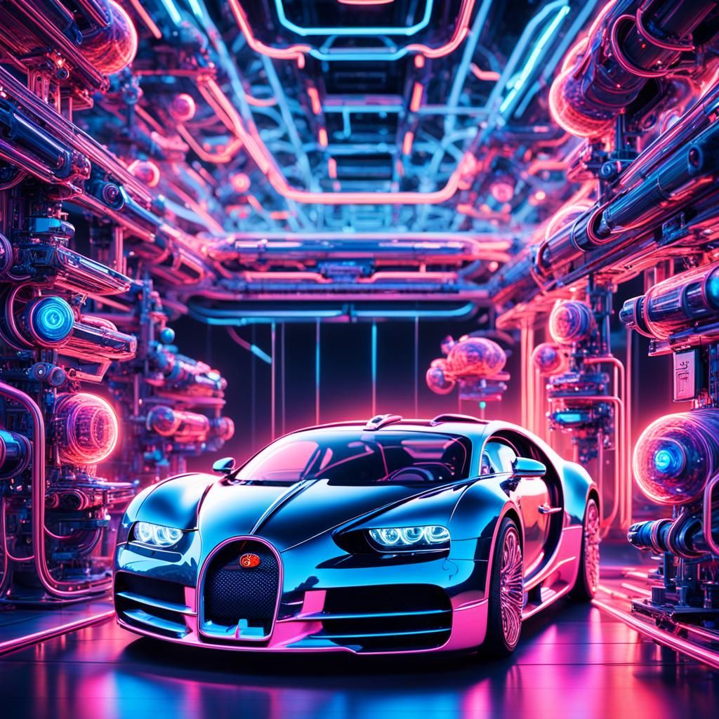 Bugatti Surrounded by Neural Circuit in Futuristic Lab