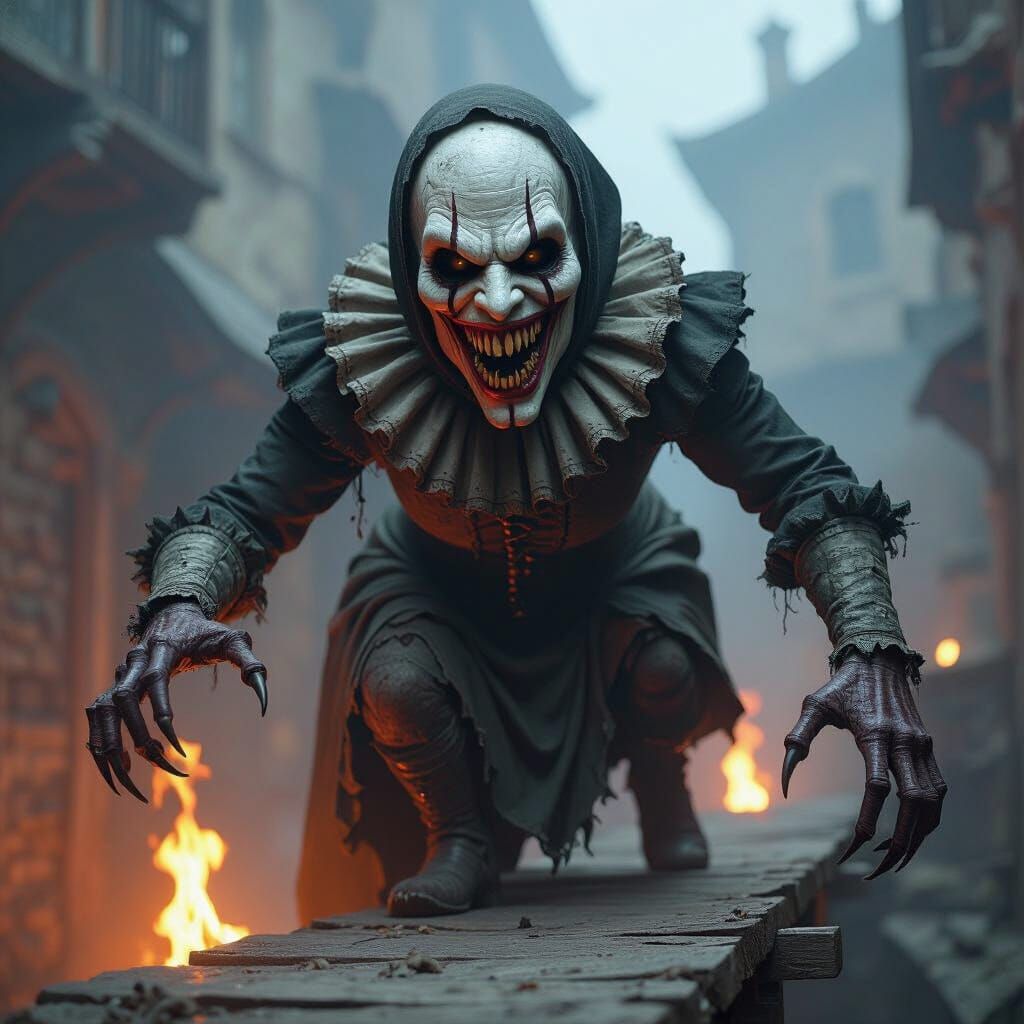 Grotesque Hybrid Monster on Flaming Catwalk - Detailed Matte...