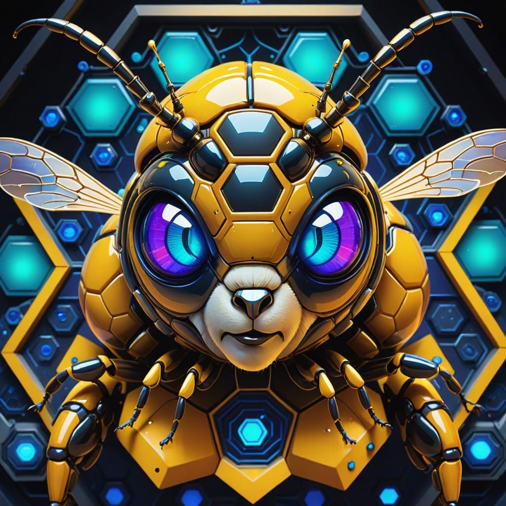 Mechanized Queen Bee in Psychedelic Hive: A Futuristic, Hype...