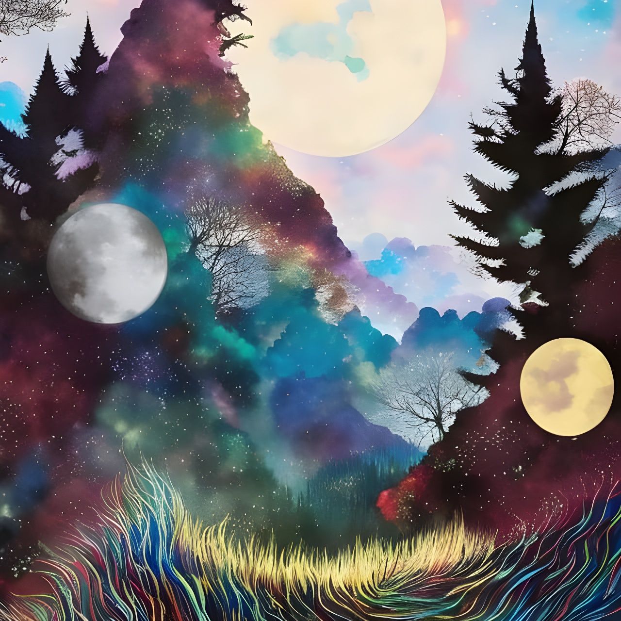 Dual Celestial Landscape in Anime Watercolor Style