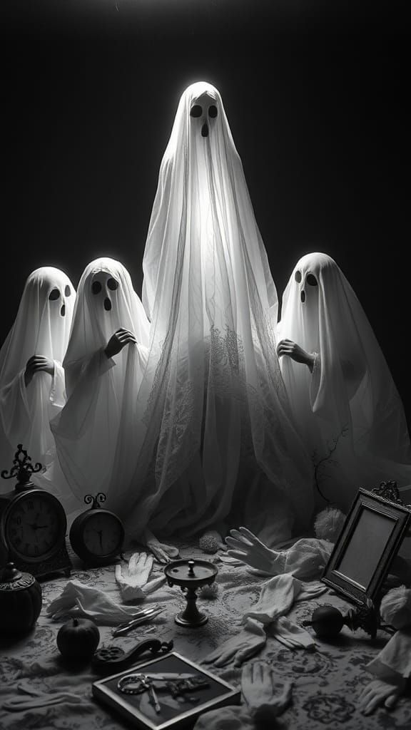 Surreal bed sheet ghosts  celebrating Halloween  rayograph M...