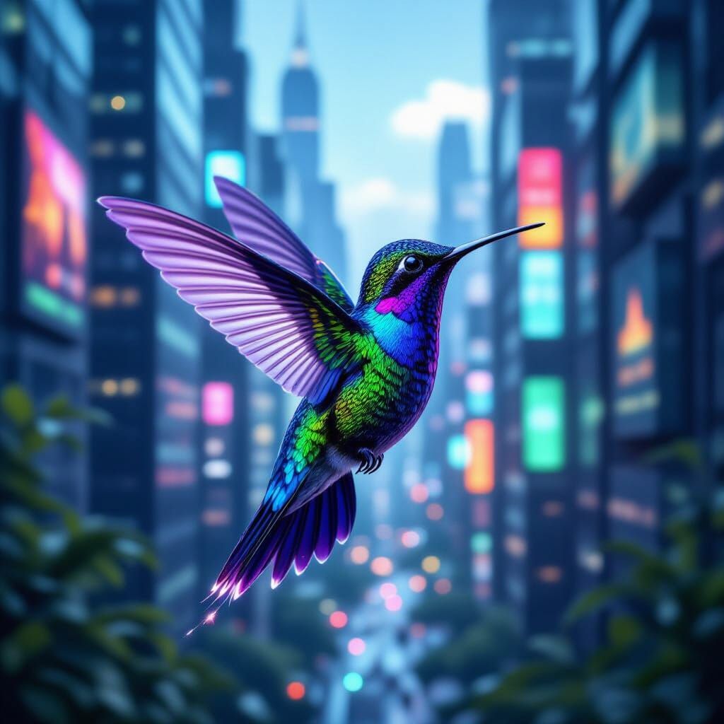 Bioluminescent Hummingbird in Futuristic City, Hyperrealisti...
