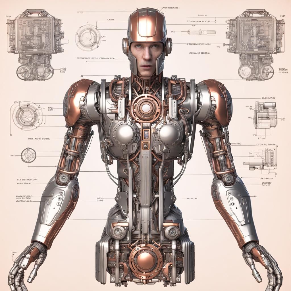 Detailed Copper Cyborg Robot in 1930s Style