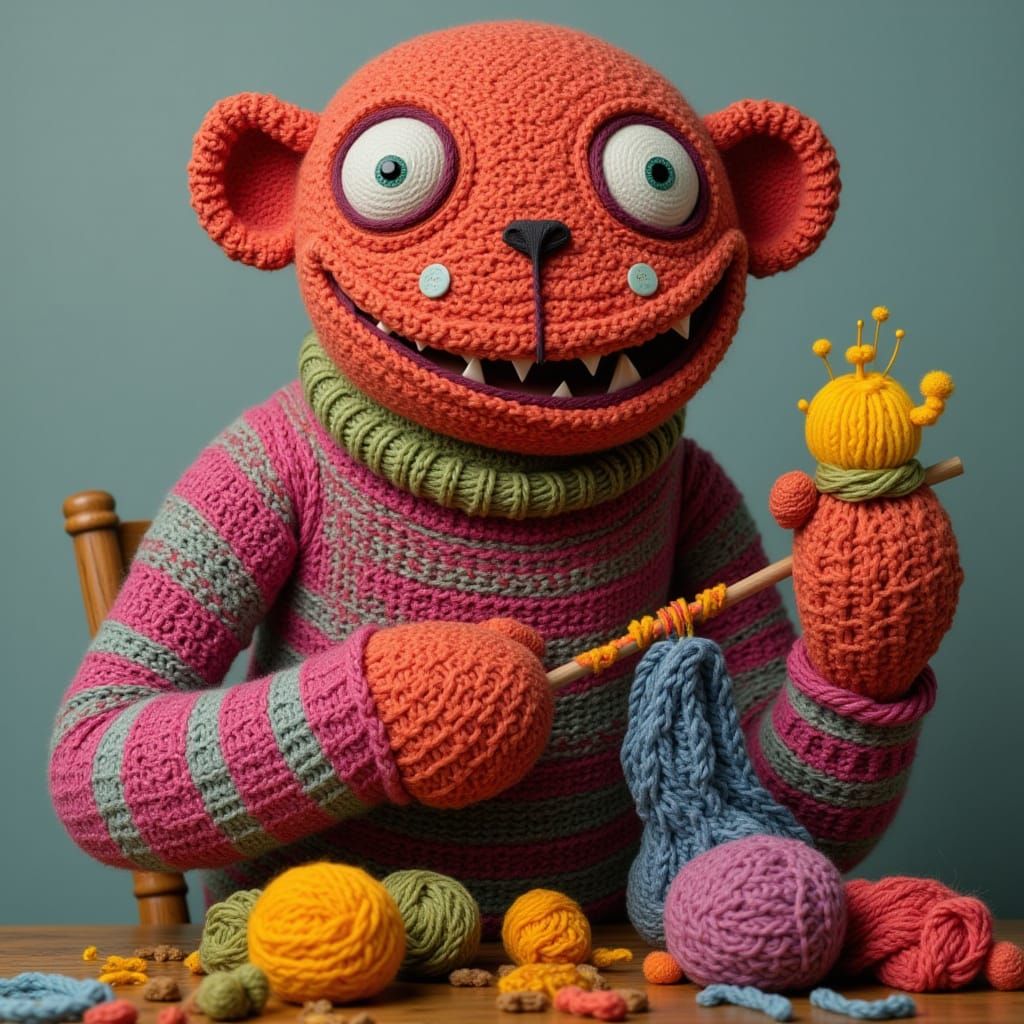 Yarn monster knitting a sweater, pop surrealism <lora:A Fasc...