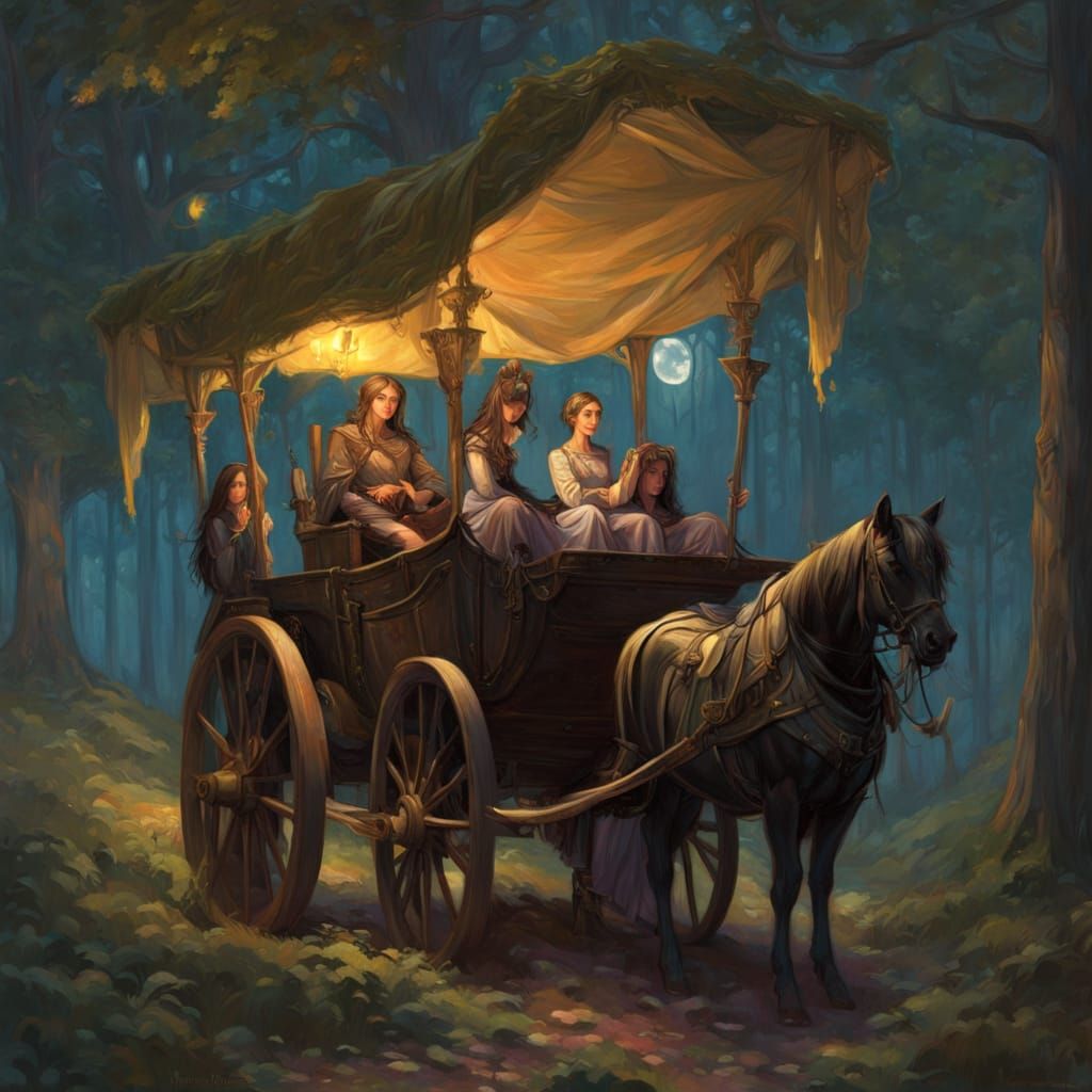 Medieval Coach in Moonlit Forest, Romanticism Style