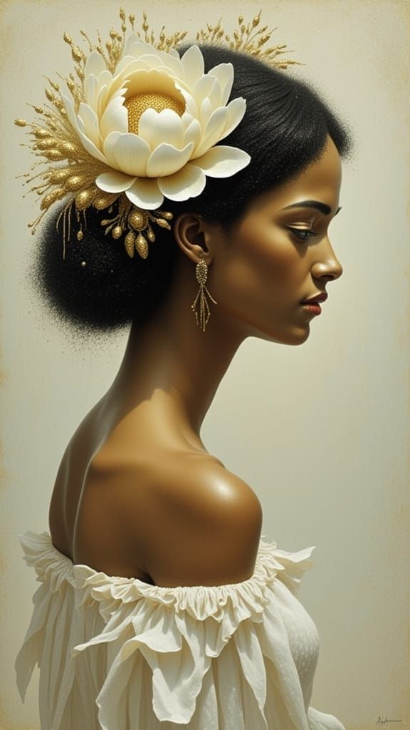 Elegant Woman with Peony in Hair, Painterly Style