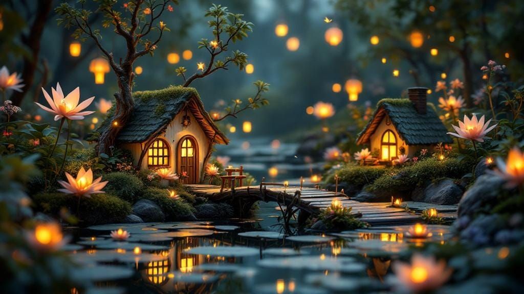 Miniature Lily Pad Village at Night