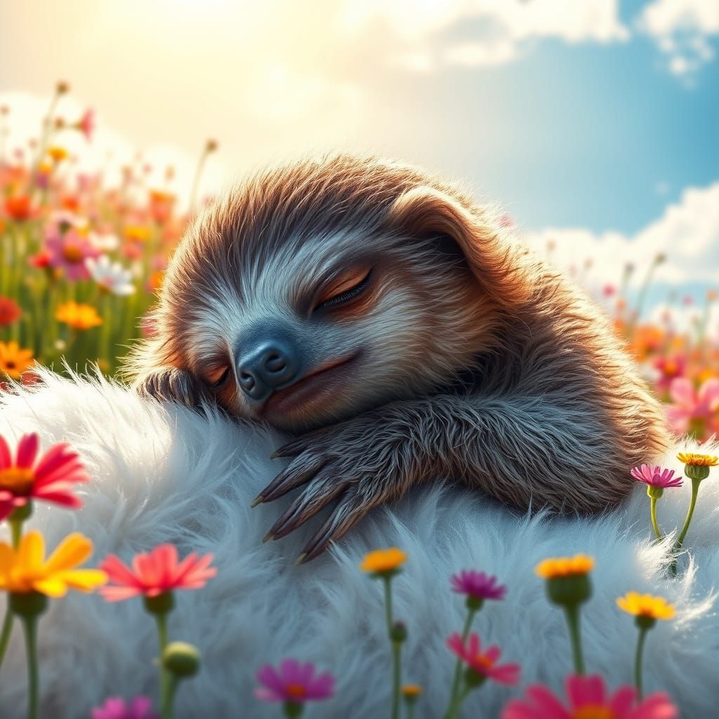Hyperrealistic Baby Sloth Sleeps in Flower Field