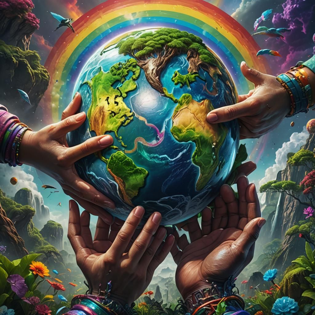Hands Holding Earth Against Rainbow Backdrop