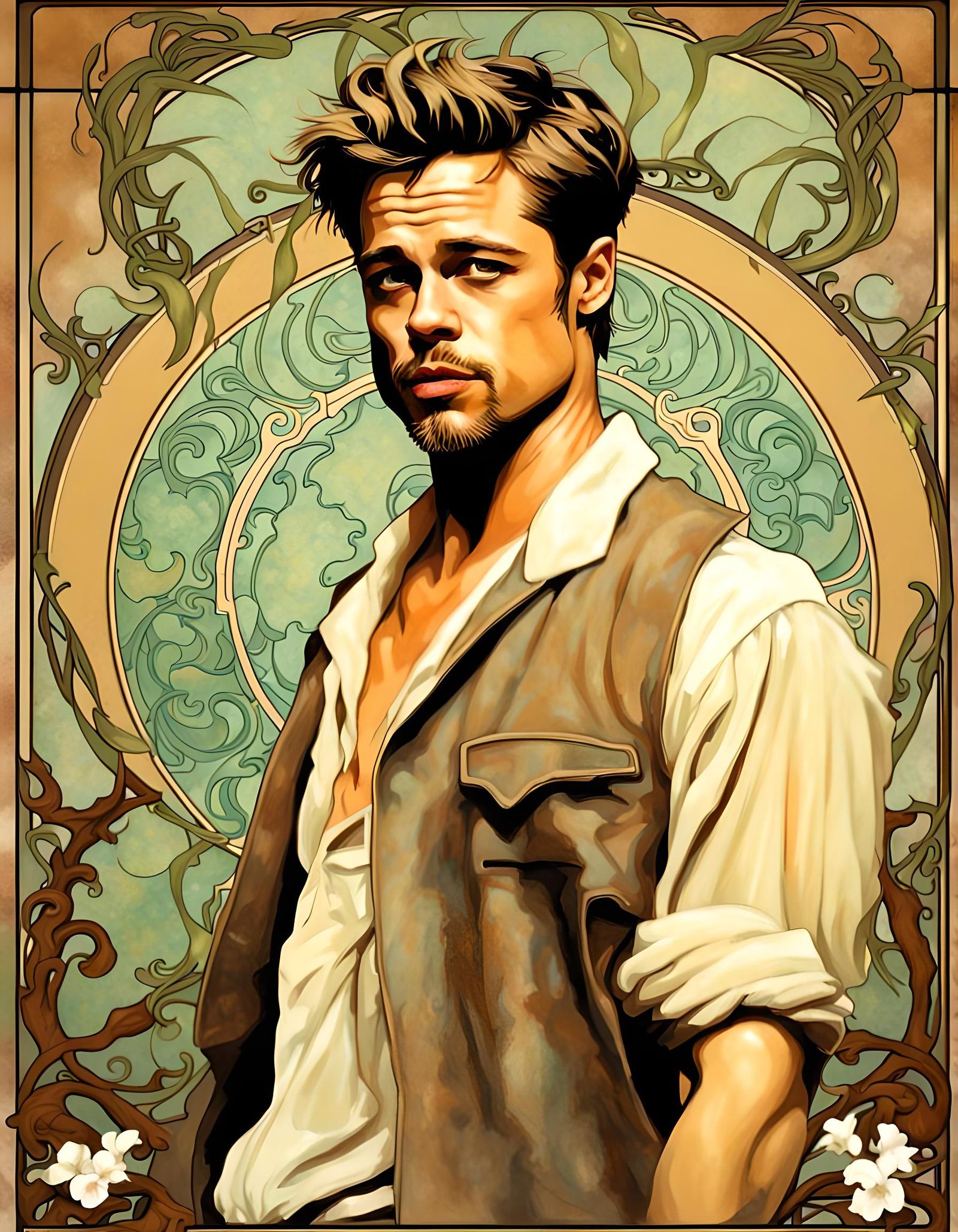 Brad Pitt as Tyler Durden, Alphonse Mucha