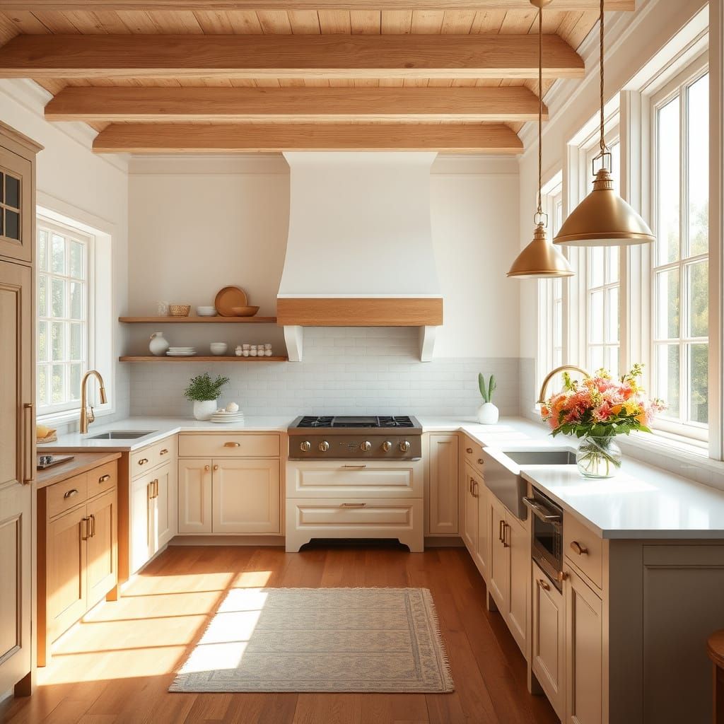 Colonial Style Kitchen with Warm Wood Tones and Polished Acc...