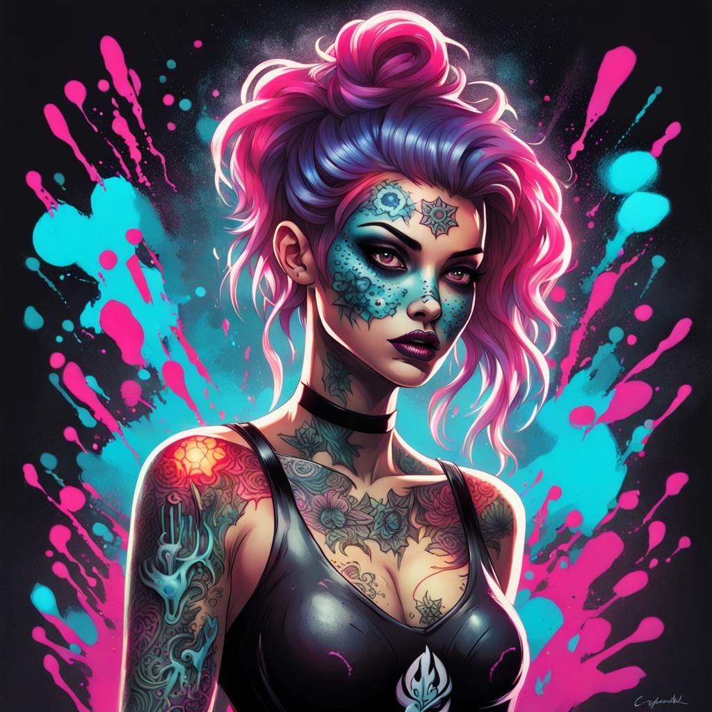 Gothic Superheroine with Bioluminescent Tattoos, Graffiti Ar...