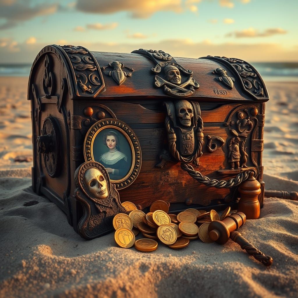 Ornate Pirate Chest on Sandy Beach