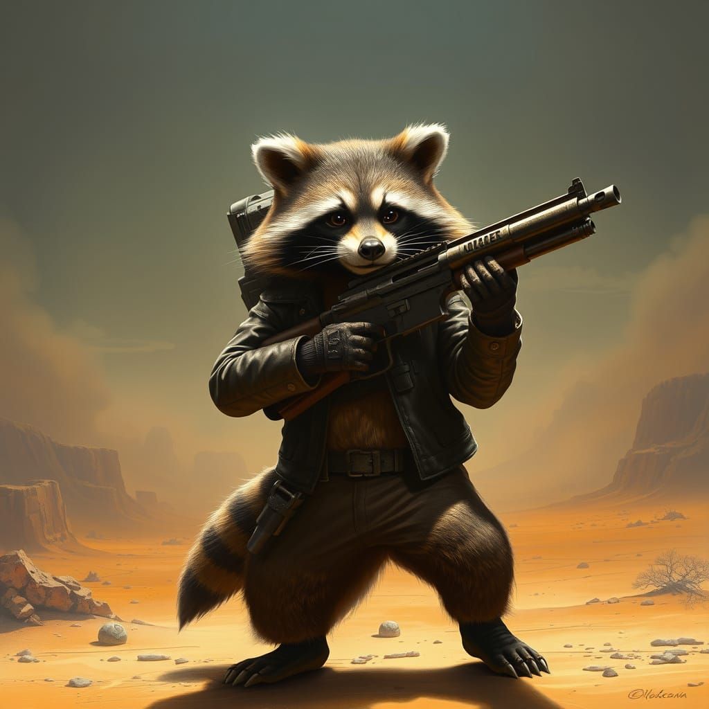 Heroic Raccoon in Sci-Fi Landscape