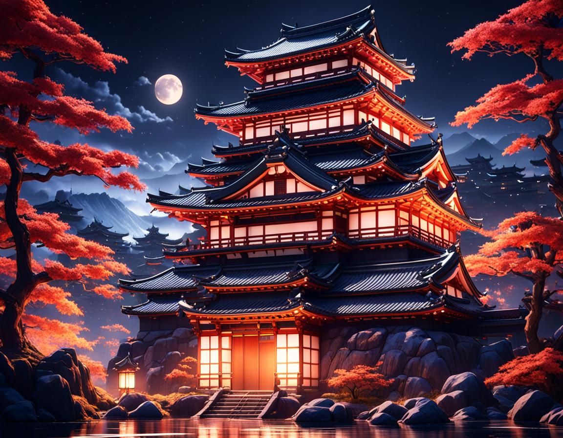 Fantasy Japanese Castle at Night: Digital Art
