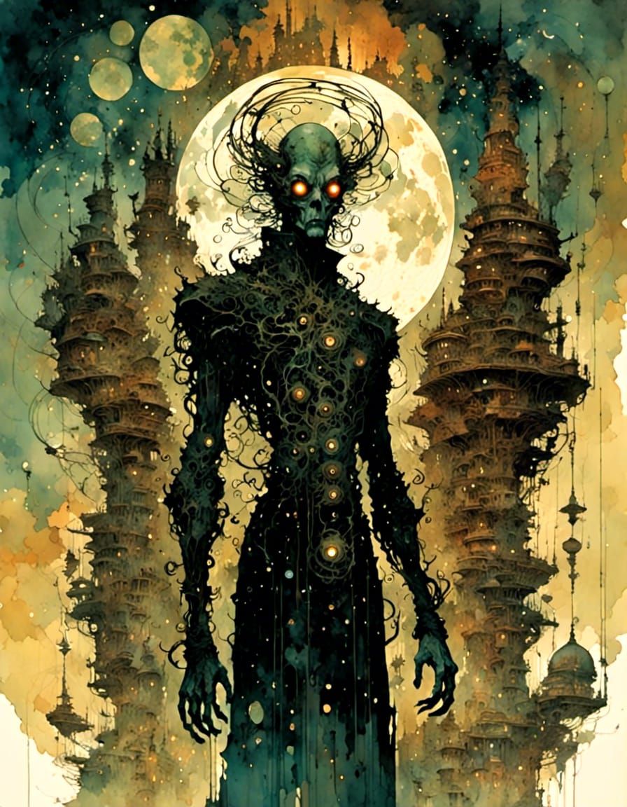 Silent Shadow God in Alien Sci-Fi Cityscape