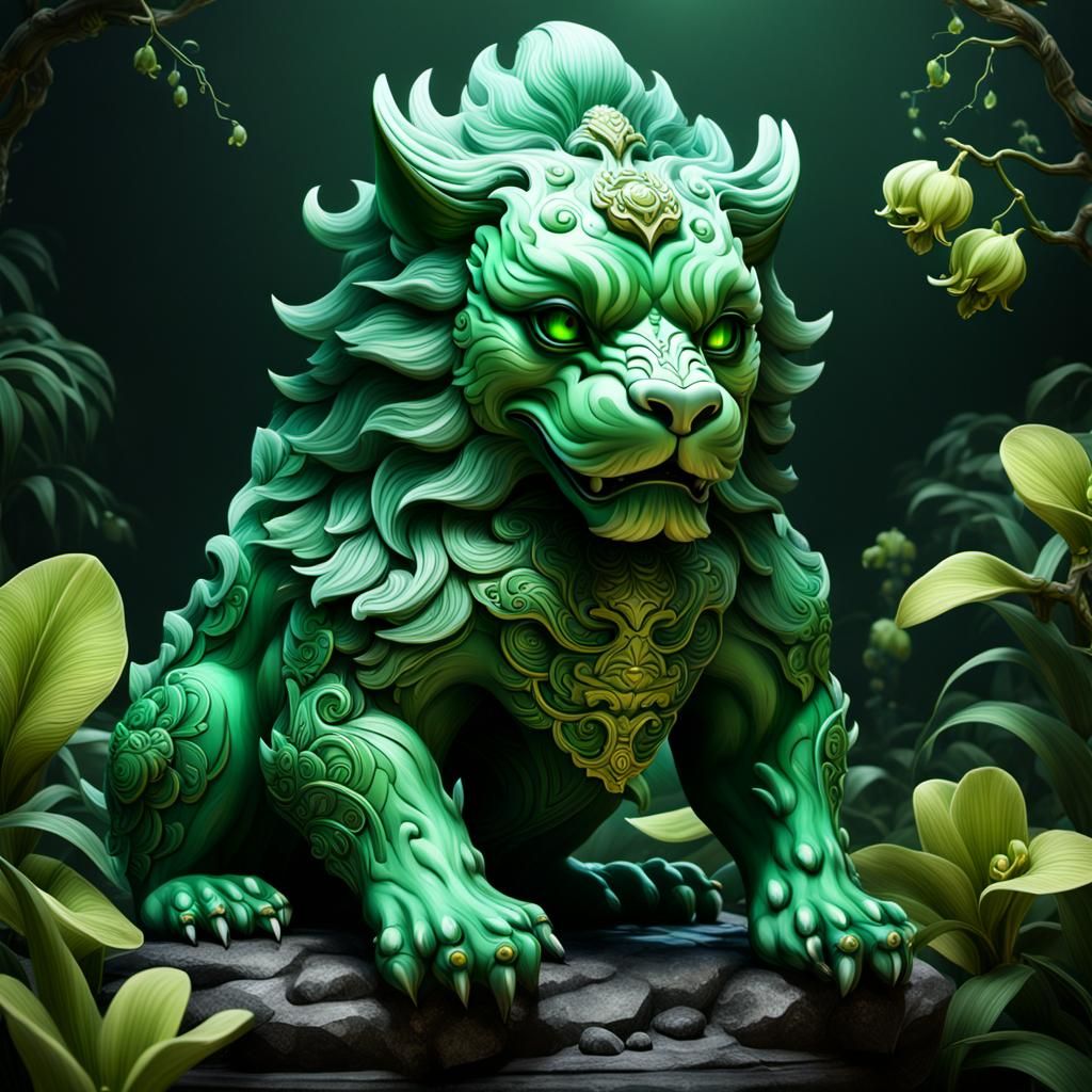 Green Orchid Foo Dog in Detailed Matte Painting