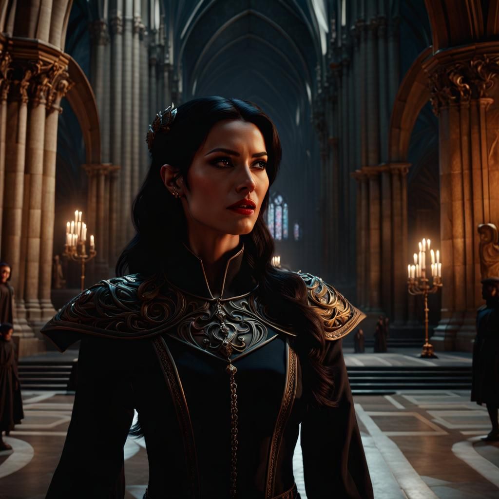 Hyperrealistic Demon Whispering Orders to Woman in Cathedral