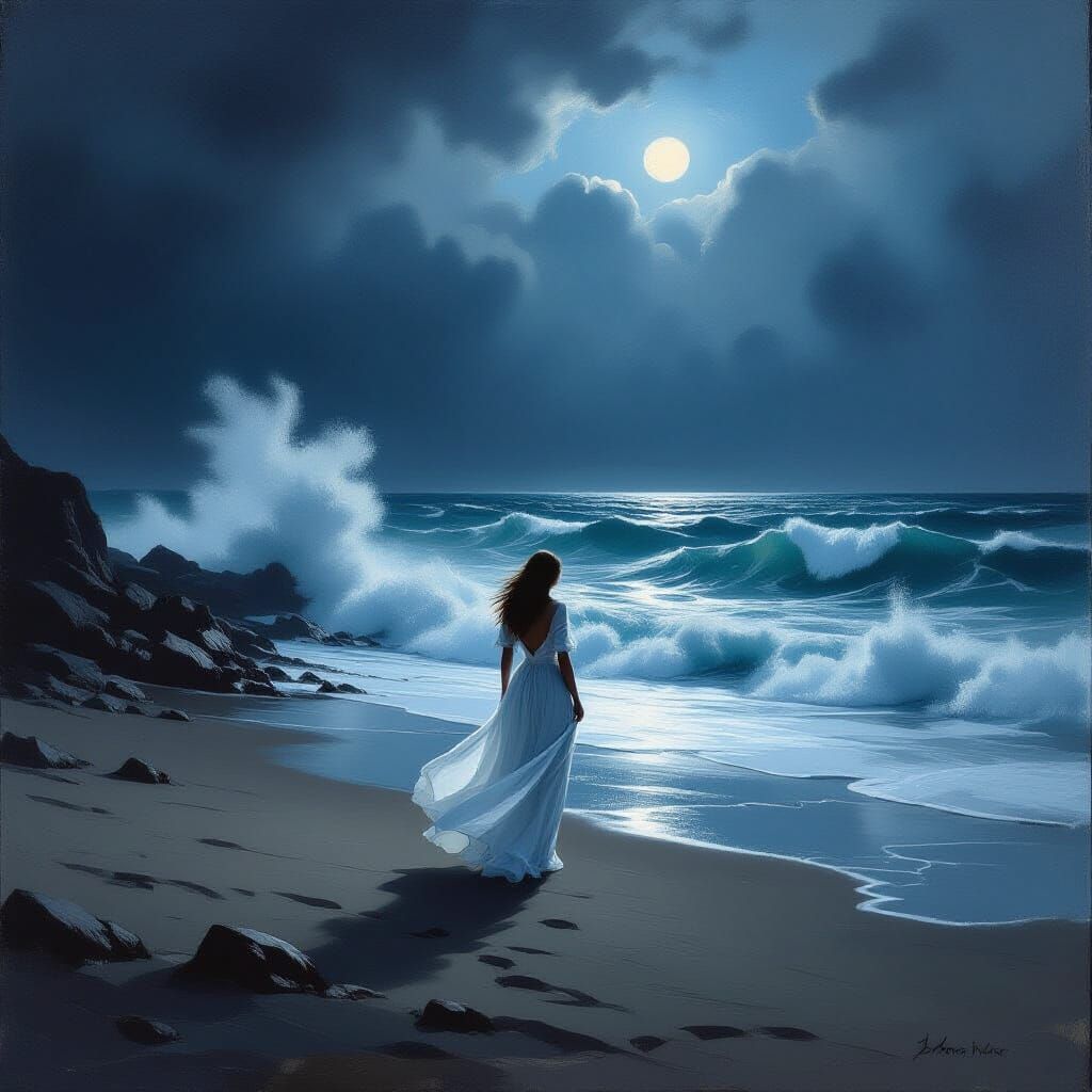 Stormy Beach at Night: Lone Woman Gazing Out