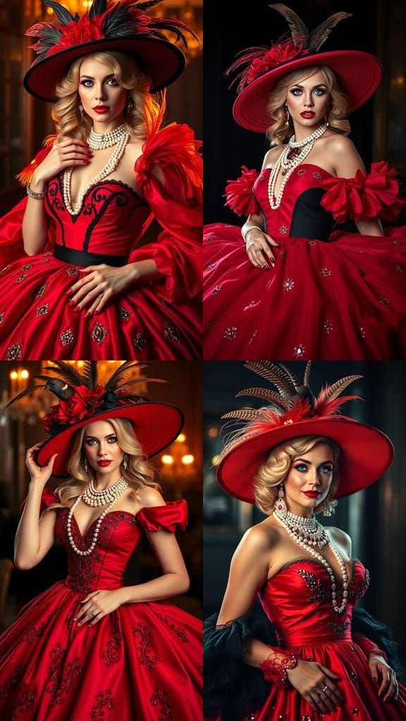 Luxurious Woman in Gown with Pheasant Feather Hat