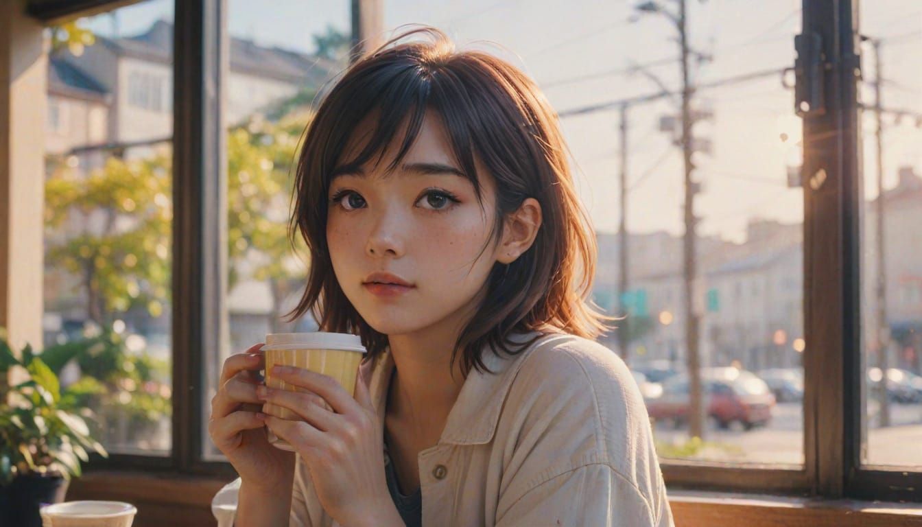 Whimsical Anime Cafe Scene in Watercolor Style