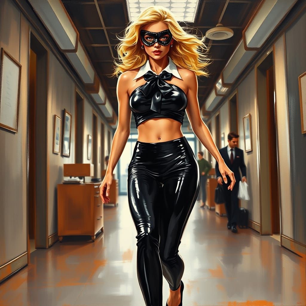 Blond Woman in Leather Strides Through Office