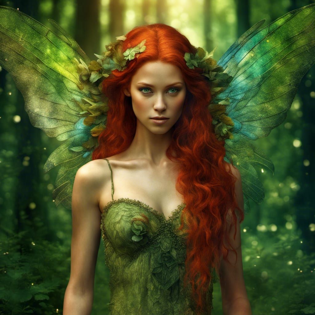 Red-Haired Fairy with Iridescent Wings in Summer Forest