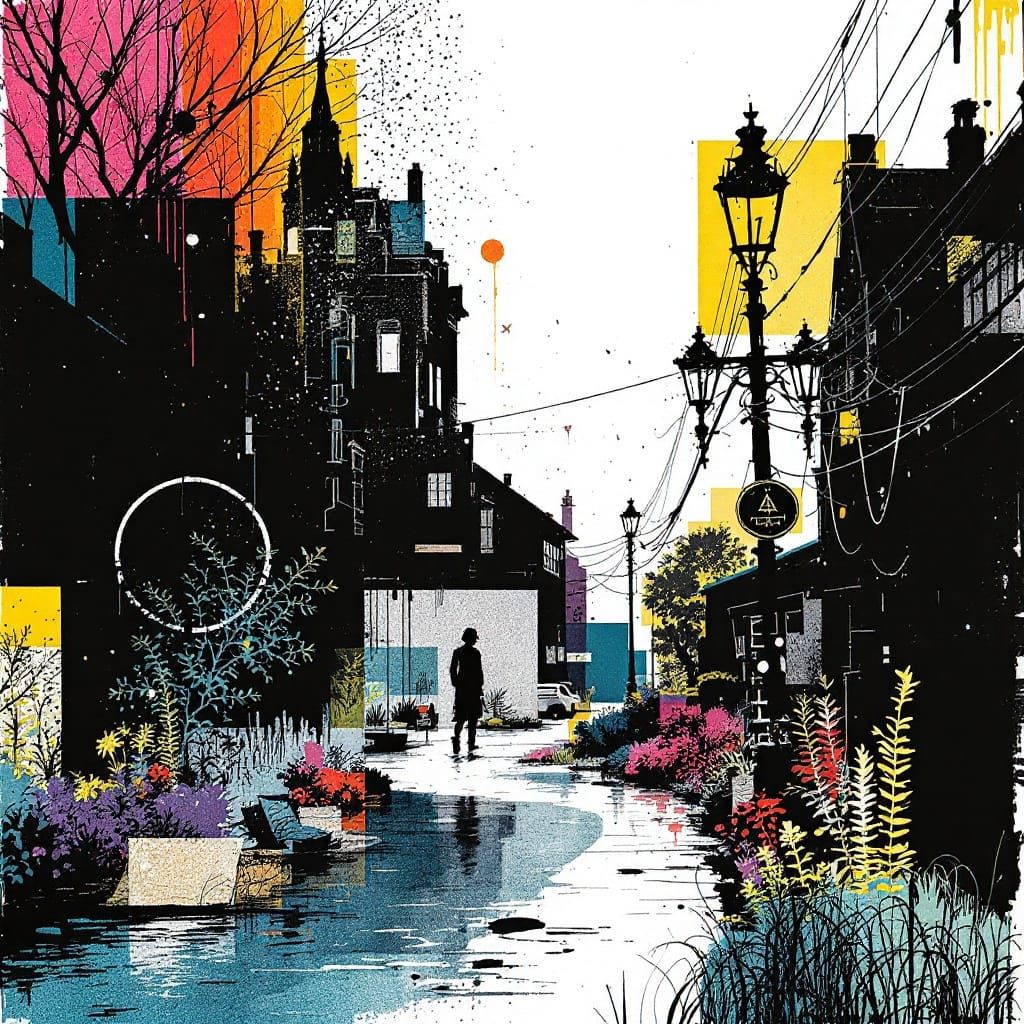 Ethereal Ink Lines Emerge from Vibrant Color Blooms in a Fus...