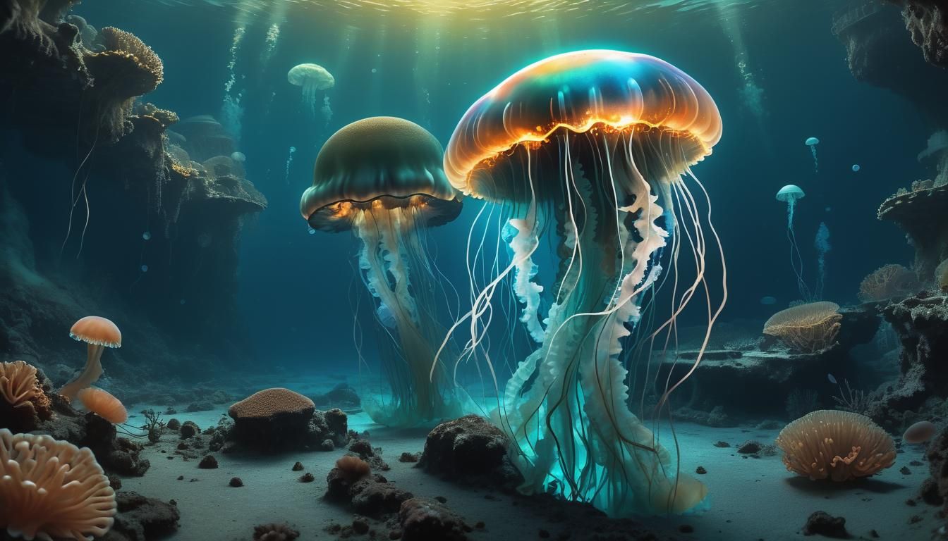 Bioluminescent Jellyfish in Submerged Coral City