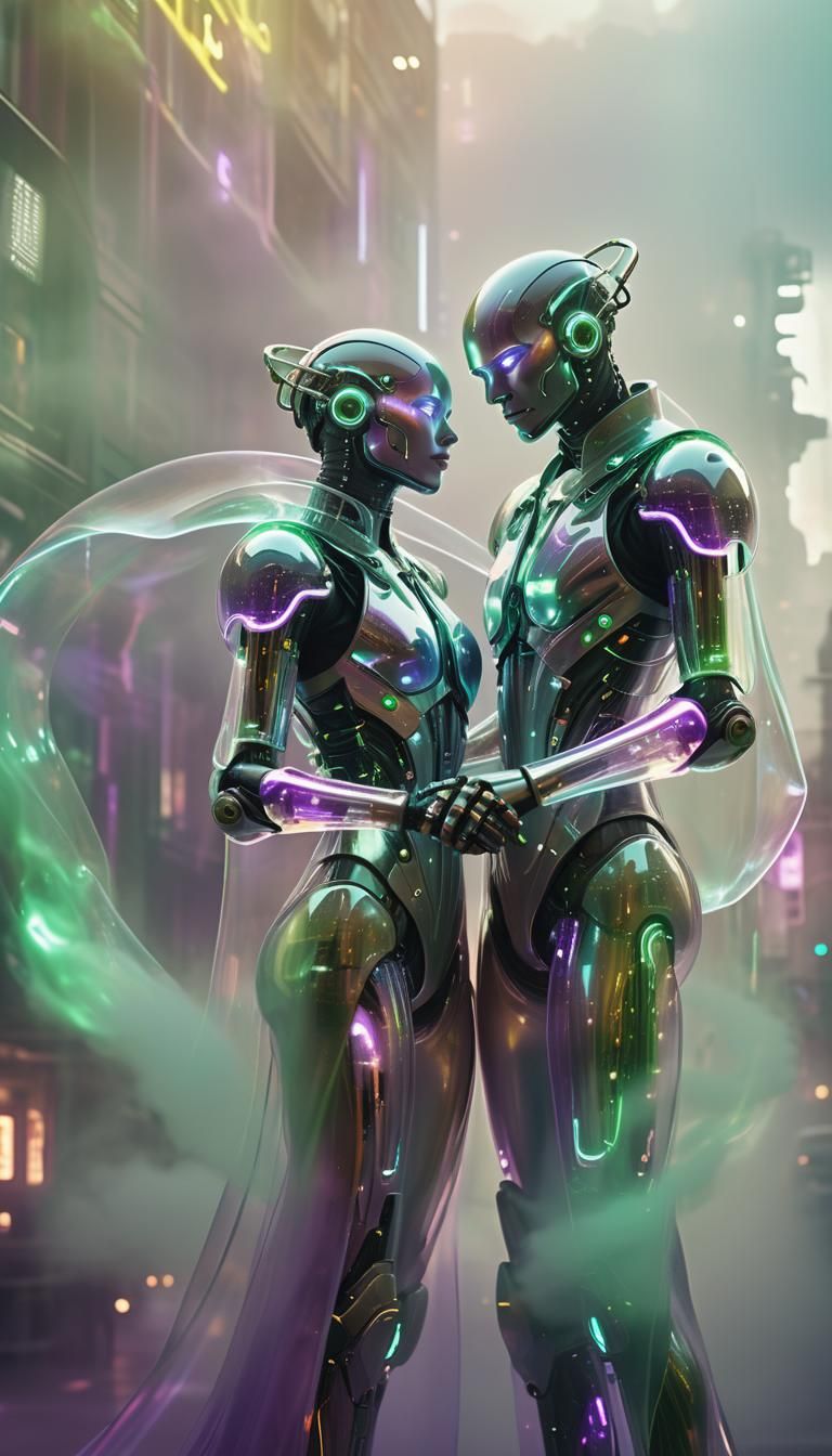 Cyborg Embrace in Neon Cityscape: Surreal Digital Art