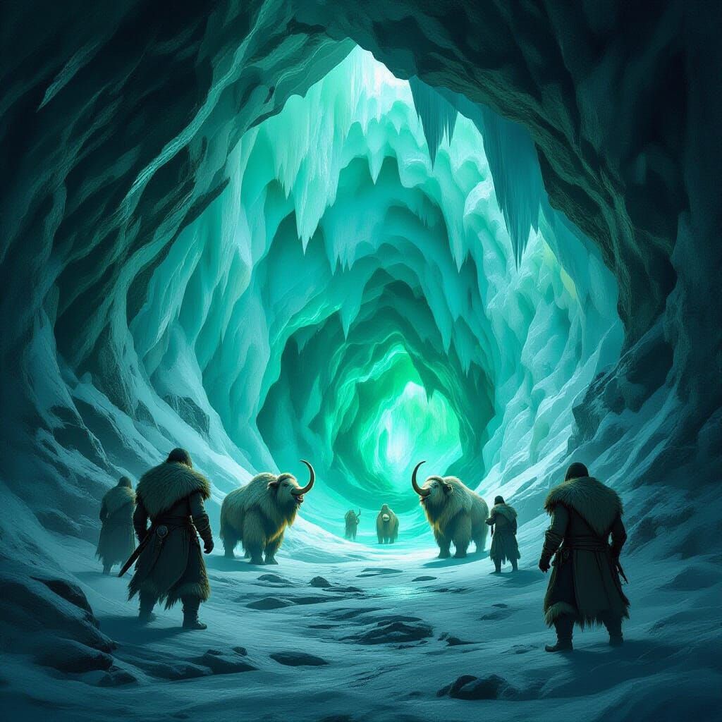 Ice Cave with Glowing Mammoths and Hunters in Dark Fantasy S...