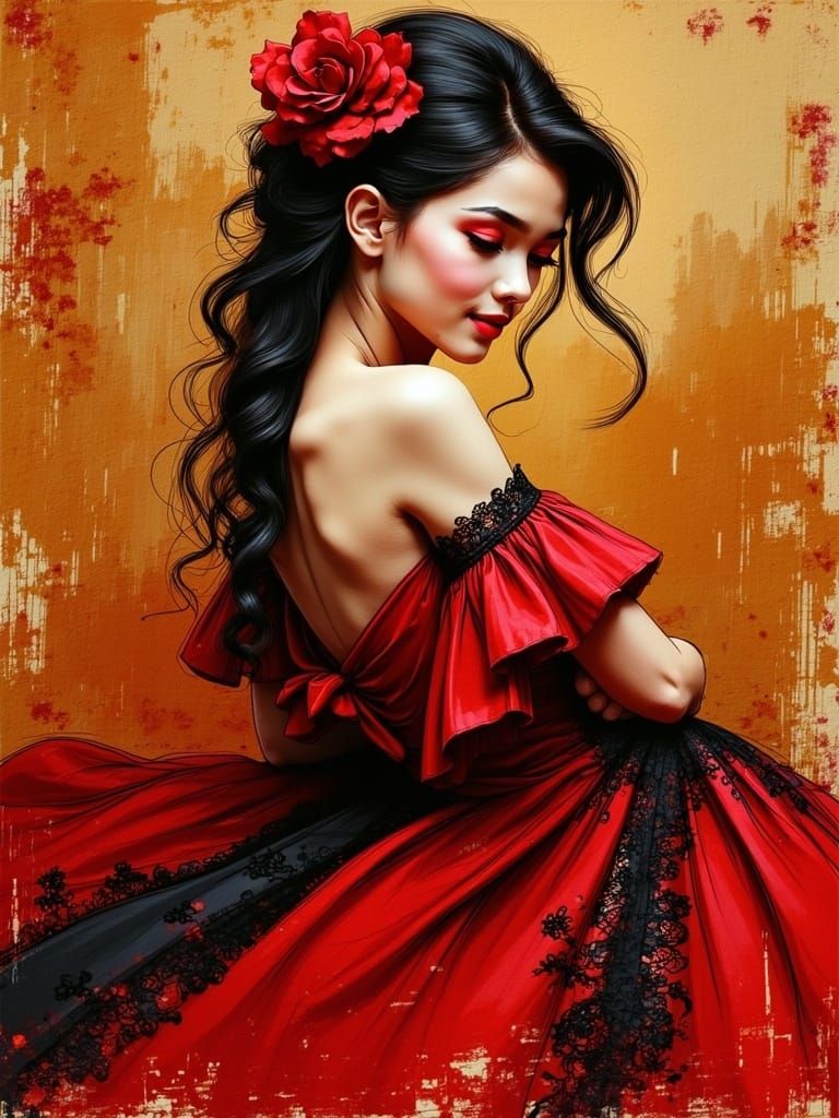 Elegant Flamenco Woman in Red, Sketchy Impressionism