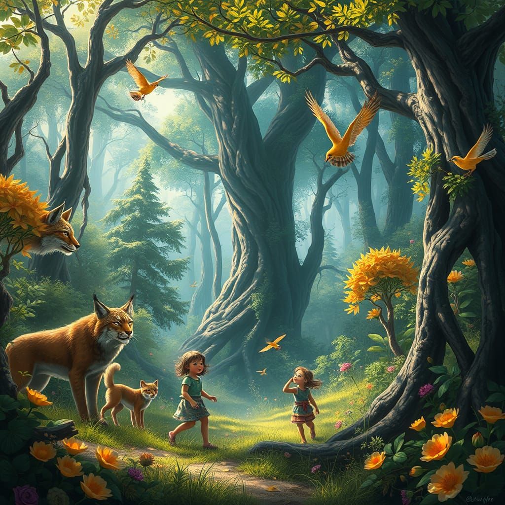 Enchanted Forest Scene with Children and Animals